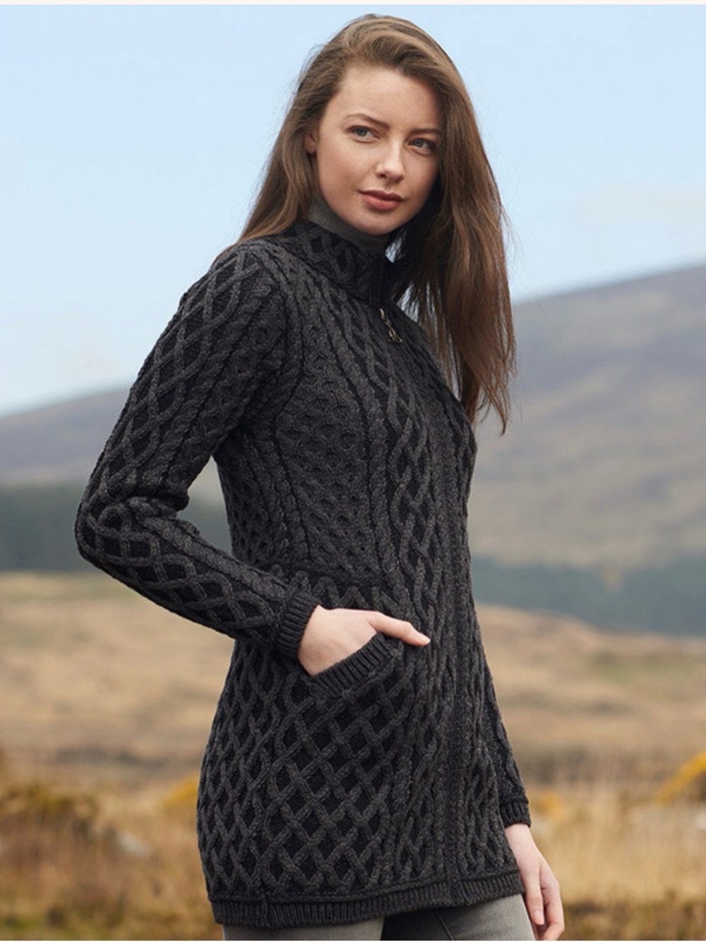 Aran Crafts Charcoal Wool Plated Coat with Celtic Zip Sz L